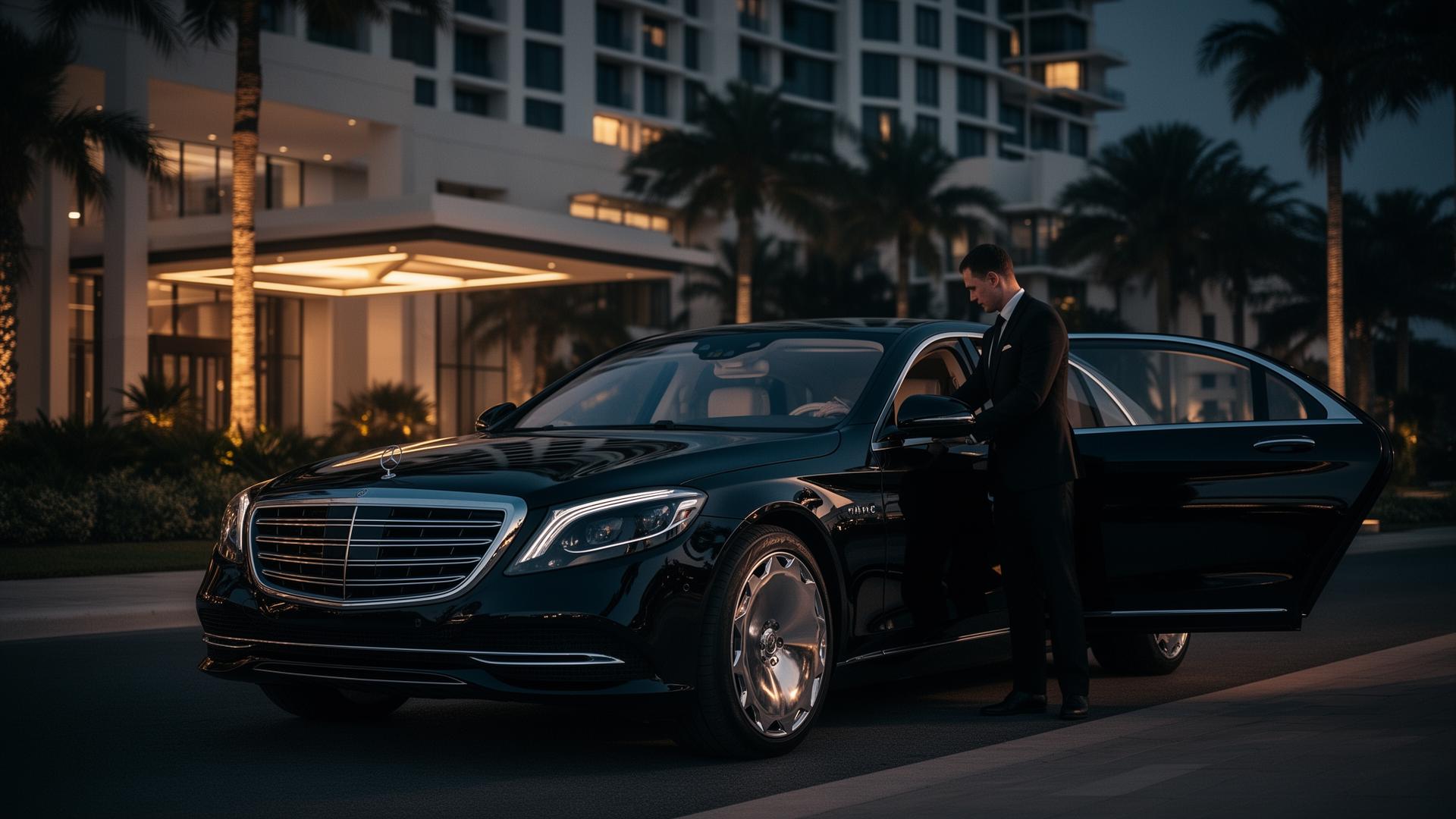 Luxury chauffeur opening door of black executive sedan